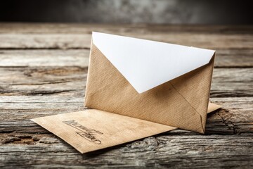 Poster - Two envelopes on a wooden background, with one envelope partially open, revealing the white paper inside, ready for writing a message, and sending greetings.