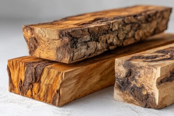 Poster - Close up on a stack of beautifully polished wooden blocks displaying rich textures, showing intricate wood grains, and natural color patterns, with a clean white background.
