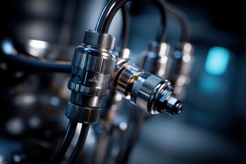 Poster - A detailed close-up of metal connectors and black cables against a blurred blue background, showcasing high-tech engineering and precision in industrial components.