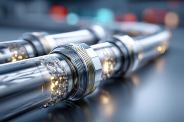 Poster - Close-up of a futuristic metal and glass tube structure with bright internal lights, showcasing advanced technology and design elements in a conceptual style.