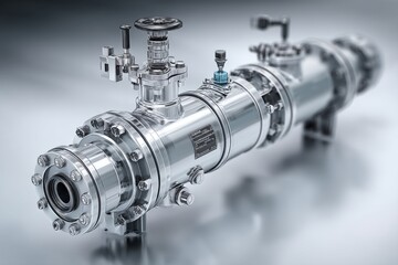 Poster - Detailed close-up of a shiny industrial pipeline system with valves and bolts, demonstrating advanced engineering, precision manufacturing and sophisticated design elements.