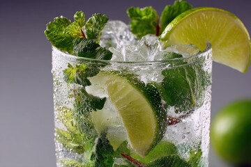 Poster - A refreshing mojito cocktail with lime, mint, and ice cubes, perfectly chilled in a glass, displayed with condensation droplets, symbolizing summer coolness and vibrant refreshment.