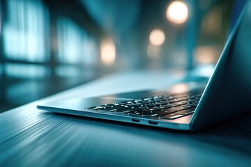 Aufkleber - A close-up of a sleek, modern laptop with illuminated keyboard, set against a blurred background of office lights, emphasizing technology and sophistication, work environment.