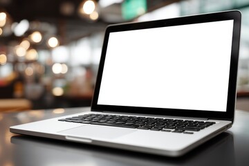 Poster - A silver laptop on a dark surface, its white screen ready for content, with a blurred background of lights creating a modern, professional workspace atmosphere.