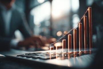 Poster - close-up of a business professional working on a laptop with a rising graph overlay, symbolizing fin