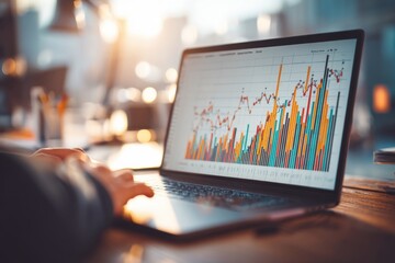 Poster - close-up of a businessman typing on laptop keyboard, analyzing market trends with colorful graphs, c