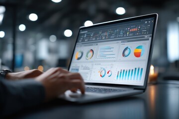 Poster - close-up of a business person working on a laptop with financial charts and graphs, analyzing data f