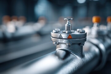 Poster - A close-up of a silver pipeline valve with warnings signs, highlighting industrial safety and engineering with a focus on the intricacies of the machinery.