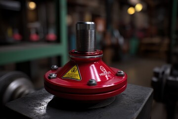 Poster - a close-up shot of a mechanical assembly, featuring a red housing, a threaded metal shaft, bolts and