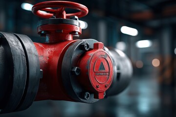 Poster - A close-up shot of a red industrial valve with black piping, set in a blurred industrial environment showcasing the intricacies of mechanical systems and control, with focus on detail.