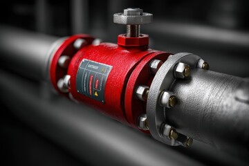 Poster - A close-up of a red industrial valve with silver flanges, bolted to a metal pipe, against a dark background, showcasing mechanical detail and sturdy construction.