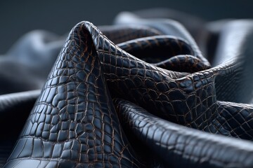 Poster - Luxurious close-up of draped black crocodile leather with detailed textures, showcasing its richness and intricate pattern for fashion and design purposes.