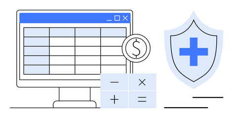 Computer monitor with spreadsheet, calculator, coin, and shield with cross symbol. Ideal for finance, healthcare, accounting, protection digital security budgeting insurance. Flat simple metaphor