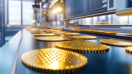 Poster - High Tech Manufacturing Process Golden Microchips Technology Industrial Automation Advanced Production Line Modern Factory Equipment Precision Engineering Cleanroom Environment    