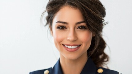 Wall Mural - a woman with brown hair wearing a blue military uniform, smiling and looking at the camera.