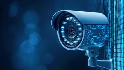 Poster - Futuristic Security Camera with Blue Lights and Digital Data Visual Effects for Surveillance and Safety Technology