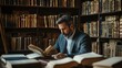 © sambath - A man in a suit reading a book in a library.