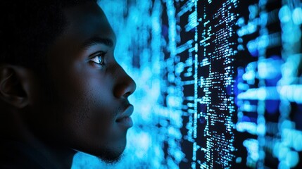 Wall Mural - a young man looking at a digital screen with blue and white data patterns.