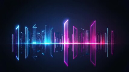 Poster - Futuristic City Skyline with Neon Lights and Reflection in Dark Background