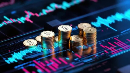 Poster - Stacks of Golden Bitcoin Coins on Cryptocurrency Chart with Digital Data Graphics in Background