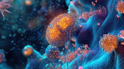Poster - Digital illustration of single cell surrounded by data structures, microscopy background with vibrant blue tones