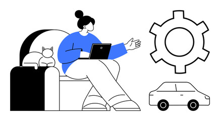 Poster - woman holding a laptop seated on a couch, cat nearby, with a gear and car symbolizing technology, me
