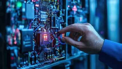 Poster - Close-up of a Hand Adjusting Circuit Board Components in a Modern Control Room with Colorful Wires and Lights