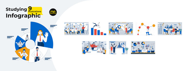 Fototapete - corporate studying infographics cartoon flat illustrations mega bundle. data visualization. diverse 