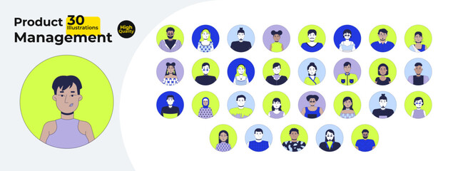 Fototapete - diverse avatars in circular frames cartoon flat illustrations mega bundle. multicultural people with