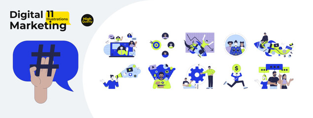 Fototapete - digital marketing cartoon flat illustrations mega bundle. online engagement. social media campaign, 