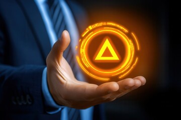 Poster - Businessman holding glowing warning symbol in hand, dark background, technology theme