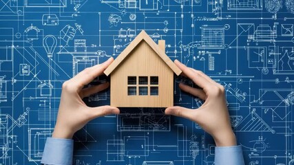 Poster - Hands Holding Wooden House Model Over Blueprint Background Representing Architectural Planning and Design Concepts in Real Estate