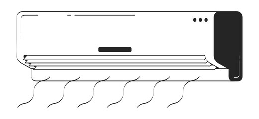 Poster - Wall-mounted air conditioner blowing cool air doodle linear object. Home cooling. Airconditioner AC appliance 2D vector outline clip art drawing isolated on white. Hand drawn sketch illustration