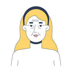 Poster - Blonde woman aging skin with wrinkles 2D vector illustration. Anti-aging skincare. Caucasian white female fine lines facial flat character isolated on white background. Colorful cartoon image