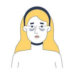 Poster - Blonde woman tired face with dark circles under eyes 2D vector illustration. Puffiness, fatigue skincare. Caucasian white female flat character isolated on white background. Colorful cartoon image