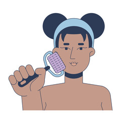 Poster - Black woman using microneedling tool 2D vector illustration. Facial massage. Collagen boost. African american female healthy face flat character isolated on white background. Colorful cartoon image