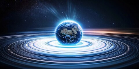 blue earth with starry rings in cosmic space with nebulae.