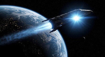 futuristic interstellar spaceship ascending from earth's atmosphere into space