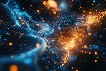 Aufkleber - vibrant abstract particle cloud with luminous blue and orange spheres on dark background, bokeh ligh