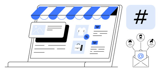 Poster - Laptop screen displaying online shopping elements, icons for email outreach, metadata tag for social engagement. Ideal for e-commerce, digital marketing, social media, product promotion, branding