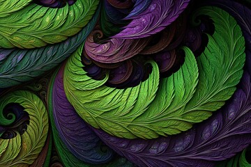 Poster - Colorful swirling leaves in a detailed, abstract design resembling natural foliage in vibrant hues of green and purple
