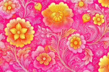Poster - Colorful floral pattern with vibrant shades of pink and yellow showcasing artistic design elements
