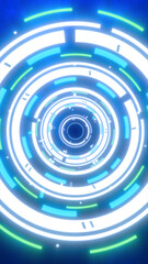 Poster - abstract glowing digital interface with circular hud elements in white, green, and blue against a de