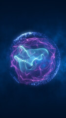 Aufkleber - glowing purple-blue particle sphere in space, surrounded by floating digital dots and light textures