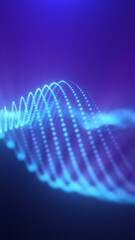 Poster - abstract neon blue waveform moving in a dark violet space, resembling a digital sound or signal flow