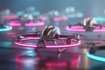 Poster - Advanced drones with neon lights ready for launch in a high-tech arena