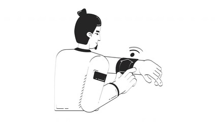 Poster - Smart home app for smartwatch hand drawn whiteboard sketch animation. Man interacting with wearable device on wrist, IoT remote control animated 2D outline character handdrawn 4K video pencil drawing