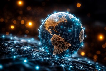 Poster - Global digital network with earth representation connecting continents bright internet technology showing world connectivity for global business expansion and data transfer