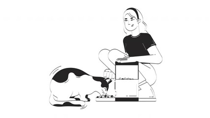 Poster - Automatic cat feeder hand drawn whiteboard sketch animation. Smart pet technology. Control food dispenser. IoT device feeding kitty animated 2D outline character handdrawn 4K video pencil drawing
