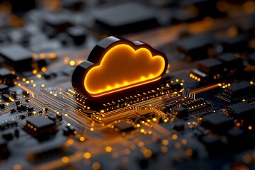 Poster - Illuminated cloud computing icon on circuit board for secure digital data and global network connection solutions representing modern technology and efficient information management